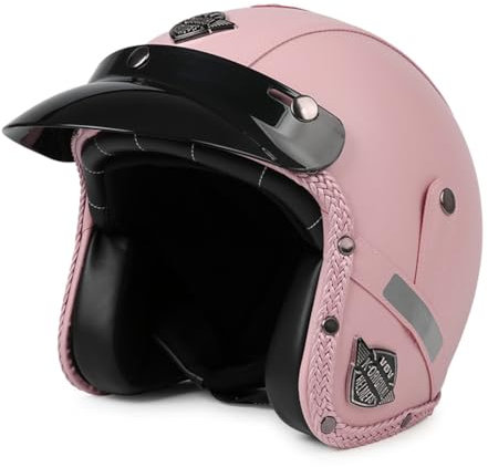 Rosa Retro Motorrad Jethelm mit Leder PU Krempe 3/4 Halbhelme Leichtes ABS Sicherheit Schlagfest Herausnehmbares waschbares Futter Unisex XXL/63-64cm