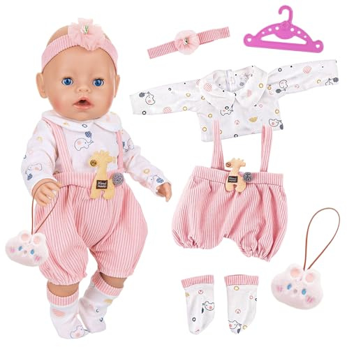 6-packs Baby Doll Clothes for 16-18 Inch Dolls, 40-45cm Pink Baby Doll Outfits Dress mit Top + Overalls + Headdress + Socks + Hanger + Pendant, Sweet Baby Dress, Giraffe Doll Clothes,as Gift for Girls