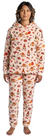 OHS Pyjamas for Women Men Pumpkin Autumn Print Hallowen Pjs Long Sleeve Sherpa Fleece Hooded Ladies Pyjamas Two Piece Super Soft Warm Winter Loungewear Autumn Gifts for Women, Beige - Medium
