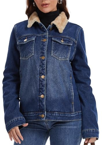 J.Corrine Veste en jean doublée pour femme - Veste Sherpa Trucker - Veste en denim doublée - Veste mi-saison - Veste polaire vintage - Coupe classique - Style rétro, bleu, L