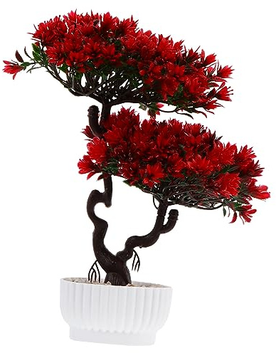 NOLITOY Artificial Bonsai Tree Fake Plant for Desk, 10.6 Faux Guest-Greeting Pine Simulation Potted Plants, Japanese Zen Decor for Living Room Office Shelf Bedroom, Indoor Red Ornament