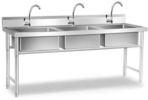 Set di Lavello da Cucina Autoportante con 3 Vasche, Lavandino Commerciale in Acciaio Inox con Rubinetto per Cucina, Lavanderia, Garage, Ristorante(120x60x80cm(47.2x23.6x31.5in))