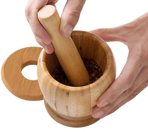Mortero y Maja,Triturador De Pastillas De Madera - De Madera para Ajo Sésamo Nueces Píldoras Frutos Secos Chefs y Aficionados Cocina