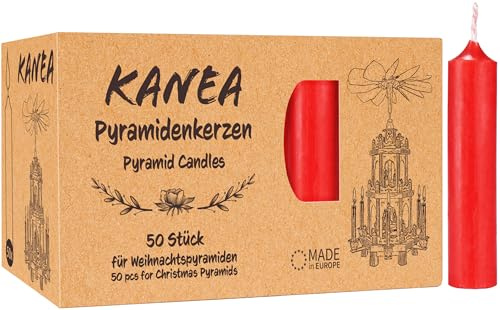 KANEA 200 Pyramidljus – Festliga Trädljus för Julpyramider – Vaxdekorationer för Julgranar, 7 cm Höga, 14 mm Diameter, Perfekta för en Mysig Julstämning med Mjuk Glans – Röda