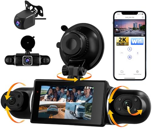 SIXWIN 2K bilkamera bil, 3 tums skärm, 360° allsidig vy med 3 1080P bilkameror, WiFi-instrumentkamera med nattvision, G-sensor, appstyrning, 24/7 parkeringsövervakning, loopinspelning, backhjälp