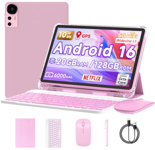 DIGITHINK 128GB Tablet PC 10 inch Android 16.0, Android Tablets, DDR4 4GB RAM+16GB Extend 20GB ROM 2MP+8MP Dual Camera, 2.4G+5G WiFi, Bluetooth 1TB Expand 10 in IPS Tab(Pink)