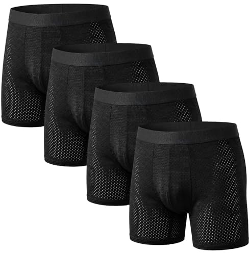 Hellomamma Men's Long Boxer Shorts: Anti Chafing Underwear Trunks for Men - Moisture Wicking Breathable Cool Ice Silk Mesh Stretch Boxers for Sports Running Gym Multipack 4 Pack