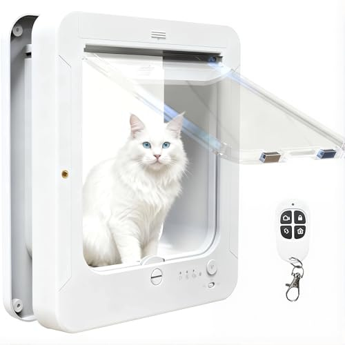 4-vägs elektronisk kattlucka med mikrochipläsare, fjärrlåsning och väderbeständig tätning för katter under 11 kg. Säker ingång för husdjur via RFID-halsband eller nyckelbricka. Enkel verktygsfri ins