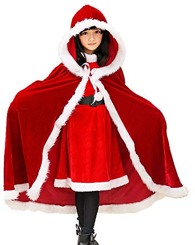 UDYR Child Christmas Cloak Deluxe Velvet Mrs Santa Claus Robe Hooded Cloak, Cappa Cape Coat Long Xmas Cos-play Costume for 6+ years(Red Kids)