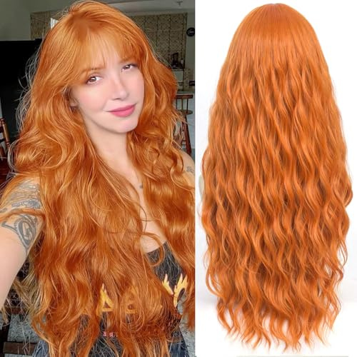 YEESHEDO Damen Perücke Lang Lockige Orange Rot Perücken für Frauen mit Pony, Natürlich Lange Locken Ingwer Rot Wig, Anime Cosplay Halloween Wigs 28 Zoll (Orange)