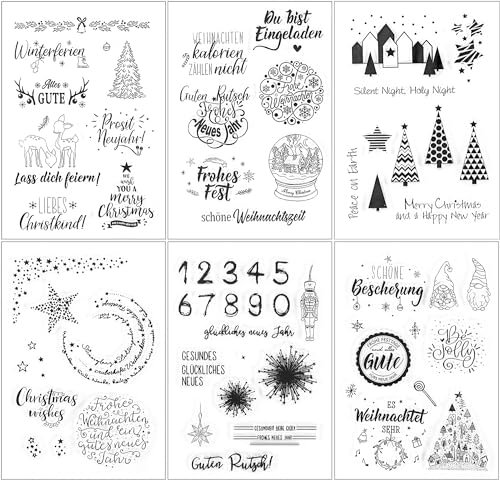 Weihnachtsstempel 6 Blätter Silikonstempel Weihnachten Deutsch Frohe Neujahr Stempel Winter Clear Stamp Stempelset für DIY Bullet Journal Scrapbooking Fotoalbum