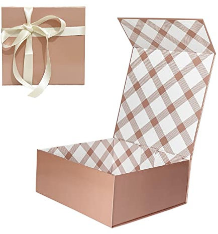 Tekhoho Roségold Geschenkbox 21,5x21,5x9cm, Premium Geschenkbox mit Magnetdeckel und Schleife für Feiertage Hochzeit Geburtstag Geschenkverpackung, Kariertes Futter