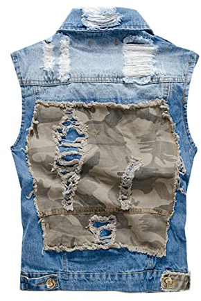 Hombres Camuflaje Patchwork Chaleco de Mezclilla Casual Vintage Biker Chaleco de Vaquero Viaje al Aire Libre Sin Mangas Jean Outwear Gilet