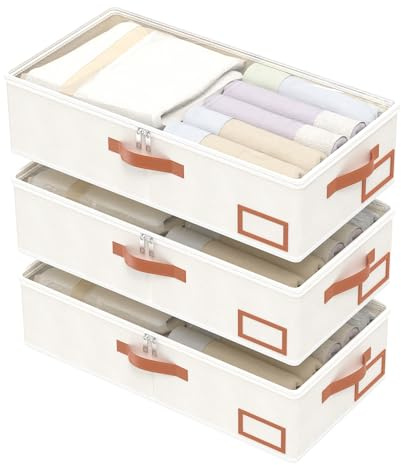 Yawinhe 3 Stück Unterbettkommode, Unterbett-Aufbewahrungstasche Kleideraufbewahrung, Faltbare Aufbewahrung Kleidung mit Klarem Fenster Für Bettdecken, Decken, Steppdecken, 60x30x15cm, Beige