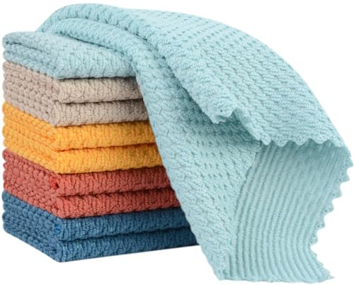 SINLAND Lot de 10 torchons en Microfibre pour Laver la Vaisselle, Chiffons de Nettoyage de Cuisine avec Texture Pop-Corn, côté à récurer en Poly, 30,5 x 30,5 cm, 5 Couleurs Assorties