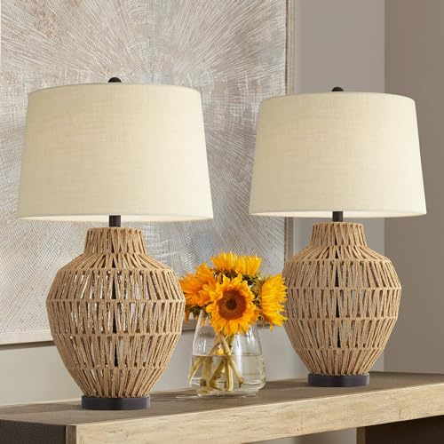 360 Lighting San Marcos 27 Tall Modern Coastal Cottage Core Table Lamps Set of 2 Natural Wicker Metal Fabric Oatmeal Shade Living Room Bedroom Bedside Nightstand House Office Home Reading Kitchen