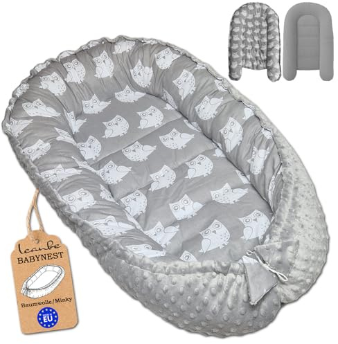 Leanbe Babynest 90x50 cm – Baby Nest - Nestchen für Neugeborene aus Baumwolle & Polyester – Kuschelnest, ideal für Herbst & Winter – Babybett für Indoor & Outdoor (Grau & Eulen)