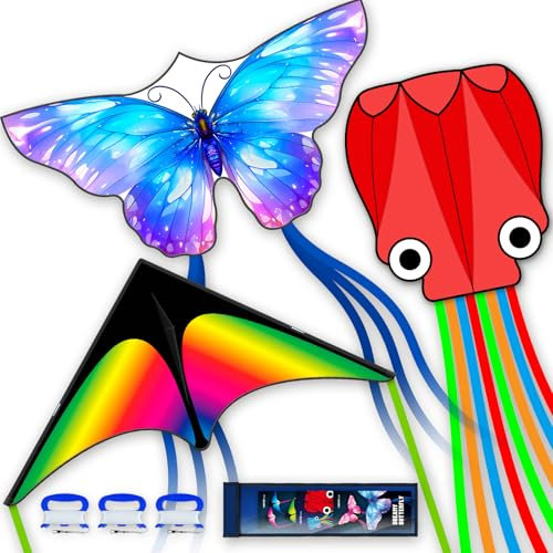 SGftre 3-teiliges Set Schmetterling, Delta und Oktopus Drachen für Jungen und Mädchen, Stranddrachen für Familien-Aktivitäten und Outdoor-Spiele (Rainbow Delta+Octopus Red+Blue Butterfly, 3)