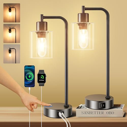 Homelist Touch Lamp Bedside Set of 2, Dimmable Bedside Lamps with USB C+A Charging Ports, Plug in Bedside Table Lamps for Bedroom, Nightstand, Industrial Touch Lights for Home Office-Bulbs Included
