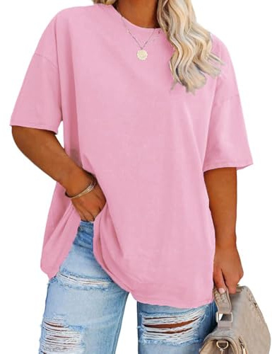 Fisoew Damen Große Größen T-Shirt Halbarm Shirt mit V-Ausschnitt Sommer Lose Basic Oberteil Oversize Kurzarm Baumwolle Tee Tops(Rose, 5XL)