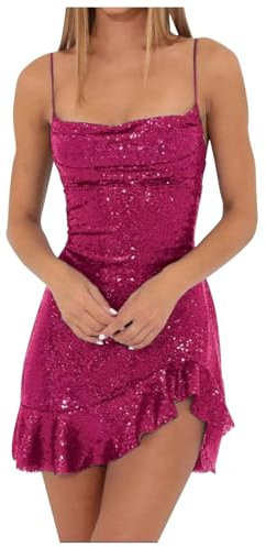 Bauzuoyo Abito Scintillante da Donna con Paillettes, Gonna a Volant Irregolare, Abito a Spalline Sexy, Mini Abito Latino da Ballo, Abito da Donna a Spalline Spaghetti, Abito da Cocktail, da Cerimonia