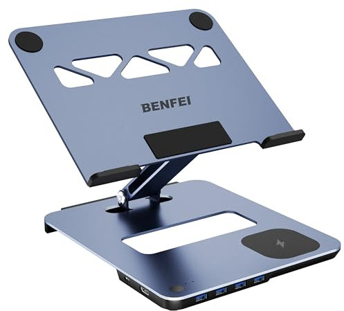 BENFEI Aluminium Laptop Ständer mit USB C 6in1 Dockingstation,15W Mag-Safe Ladegerät Magnetisches, USB 3.0 KVM Switch, HDMI 4K@60Hz, 4*USB3.0, 100W PD für MacBook Pro/Air iPad Pro XPS Thinkpad