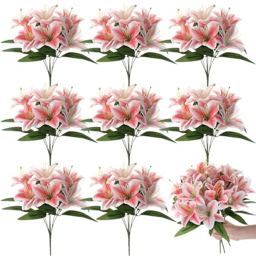 Giegxin 8 Pcs Artificial Tiger Lily Bouquets, Silk Faux Easter Lilies with 7 Heads, Realistic Spring Flowers for Wedding Centerpieces, Home Vase Decor, Party & Event Arrangements (Hot Pink)