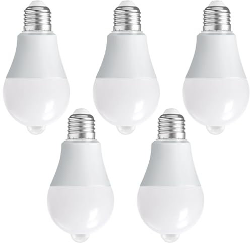 Asfrode 5 Stück E27 LED Glühbirne mit Bewegungsmelder, 12W 2700K Warmweiß Energiesparlampe LED Birne mit PIR Auto Ein/Aus Lichtsensor Glühbirne für Flur Garage Treppe Balkon