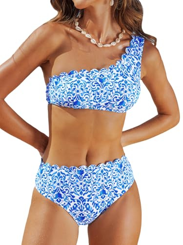 CUPSHE Bikini pour femme, 2 pièces, mono-épaule, taille moyenne, frangé, large sangle avec crochet arrière, XL