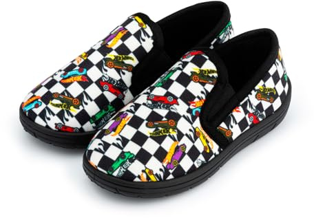 Hot Wheels Pantuflas para niños – Cómodas zapatillas antideslizantes para interiores con diseño a cuadros, suela de goma, estampado de coches de carreras, gama de tallas de zapatos para niños del