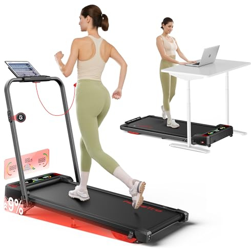 homeTro Tapis de Course Pliable 5-en-1 avec LED Motivantes - Tapis de Marche Inclinable 9%, Moteur Silencieux, Double Écran LED, 1-12 km/h, Compact Walking Pad Maison/Bureau (120kg Max)