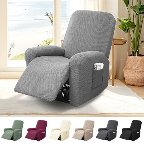 Bocguy 1-Sitzer Sessel Überzug, Sesselbezuge Stretch mit Taschen, 4-Teilig All-Inclusive Streifen-Jacquard Sesselschoner für Fernsehsessel Relaxsessel Sesselhusse