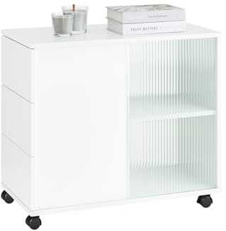 SoBuy Armoire de Rangement Mobile avec roulettes, Table de Chevet/Table d'Appoint 3 Tiroirs & 2 Portes Coulissantes Verre, Meuble Blanc pour Salon et Chambre, 70x35x61cm FBT141-W