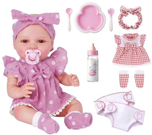 BABESIDE Set Bambola con Accessori– Bambola Neonato per Bambina da 30 cm con 2 Abiti e Set di Gioco per Alimentazione, Giocattolo Regalo per Bambine di 3-8 Anni
