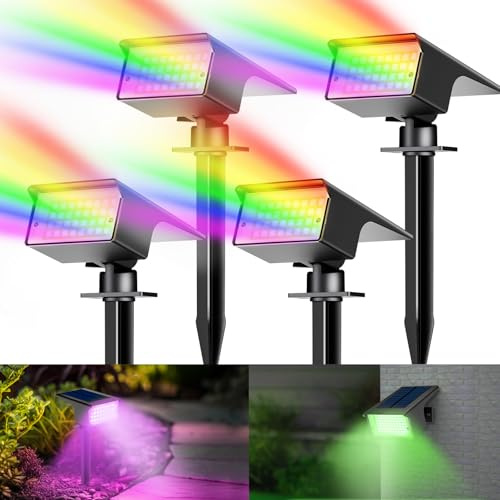 kolpop 4Stück RGB Solar Strahler, 7 Modes, 2-in-1, IP65 Wasserdicht, 800LM Bunt Außenleuchte, Dusk to Dawn Solarleuchten Gartenleuchten für Bäume, Outdoor Pflanzen, Hof