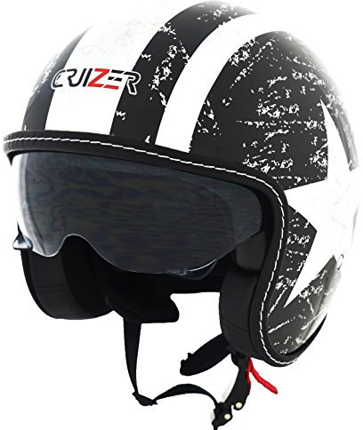 CRUIZER Casco Moto Jet Custom Scooter Omologato Visiera Sole Scomparsa Nero Lucido (L)