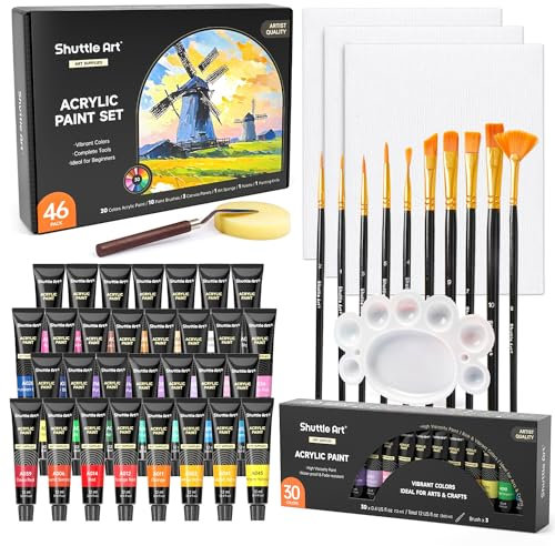 Shuttle Art 46PCS Kit Pintura Acrílica, 30 Colores Tubo (12ml) de Acrilicos para Pintar Incluye 10 Pinceles y 3 Lienzos, Pigmentos No Tóxicos, Pintura Acrilica Manualidades Ideal en Lienzo,Tela,Vidrio