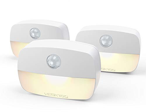 VESKYAO 3 Packs Motion Sensor Night Light, Motion Sensor Lights Indoor, Battery Operated LED Stairs Lights with Adhesive Pads, for Cupboard, Wardrobe, Shelf, Stairs, Toilet Light - Warm White