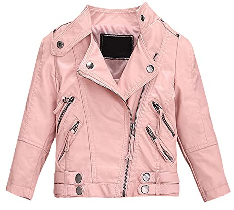 SXSHUN Läderjacka barn flickor jacka PU motorcykel bikerjacka övergångsjacka vår och höst, ROSA, 116/128 cm