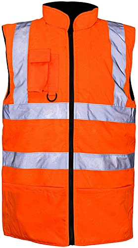 Herr hög synlighet reflekterande Hi-Viz fodrad vändbar fleece arbetskläder varm väst kroppsvärmare väst, Orange, S