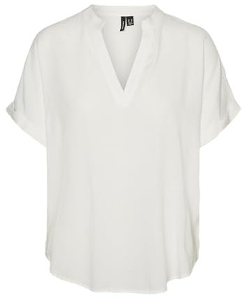 VERO MODA Damen Top Casual Splitneck umgeschlagene Ärmelbündchen Bluse Kurzarm, Farben:Weiß, Größe:M