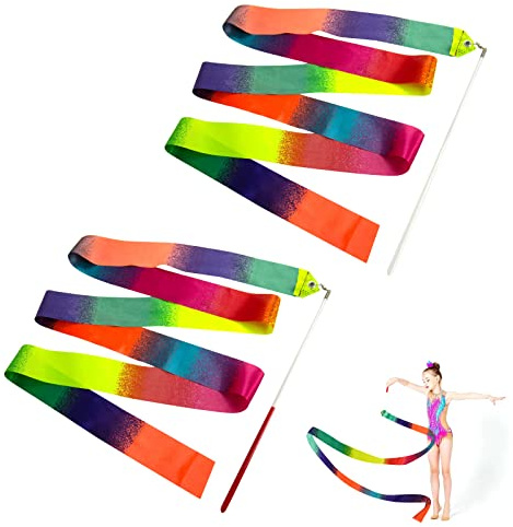 2 Pcs Brightly Coloured Dance Ribbons 78.7inch Gymnastic Ribbon with Ribbon Dancer Wand Gymnastics Ribbons for Children for Kids Artistic Dancing Training Talent Shows Recreation and Fitness