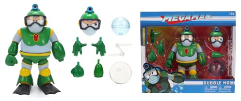 Jada Toys Mega Man Figura Bubble Man (11,5 cm) – Personaggio mobile da collezione e azione della serie di videogiochi Megaman, con testa alternativa, mani e accessori, per fan e collezionisti a