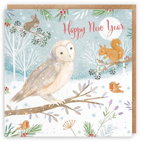 Hunts England - Tarjeta de feliz año nuevo lindo búho para niños, niñas, hombres, mujeres - Tesoros de la naturaleza - Para niños, niños, adultos - Tarjeta de vida silvestre de animales felices -