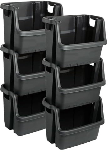 STAR SUPPLIES Pack Of 6 Strong Large Black Plastic Open Fronted Stacking Crates Heavy Duty Storage Boxes