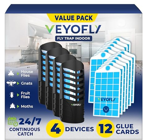 VEYOFLY - Trappole per mosche di frutta per interni, trappole per mosche indoor (4 dispositivi + 12 ricariche) per acchiappamosche indoor, trappole per mosche, trappola per insetti
