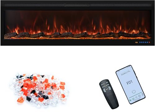 Oxhark Flame 153cm Electric Fireplace Wall Mounted/Recessed Fire Places with surround 60inch Realistic Heating, 13 * 13 Flame Effect with Log& Crystals, Remote control Temperature& Timer, Black