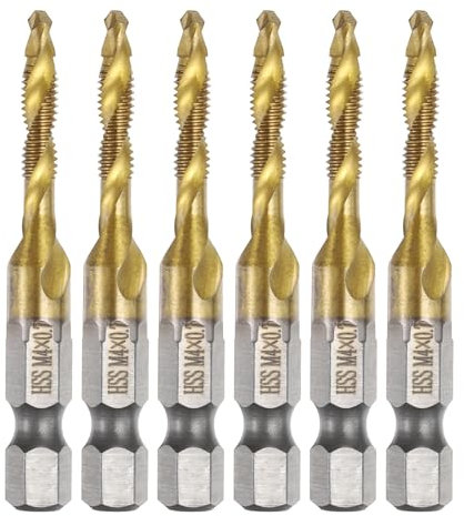 sourcing map 6pcs Combination Drill and Tap Bits Metric M4 x 0.7 Thread 1/4 Hex Shank Titanium Coated Threading Screw Taps 4341 High Speed Steel Machine Drilling Tapping Tool Kit