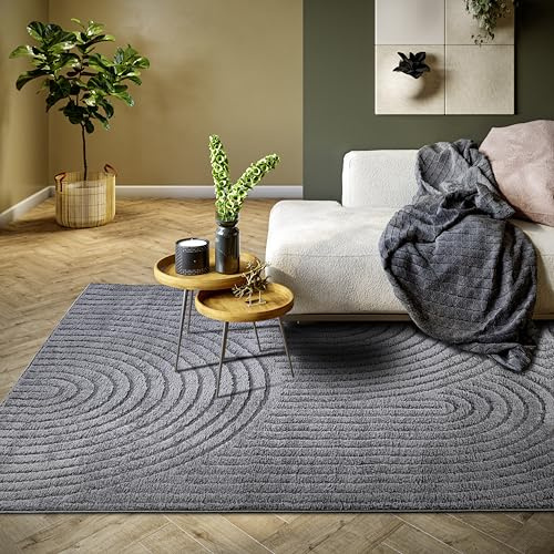 Elle Decoration Panglao moderner Kurzflor Teppich - Wohnzimmerteppich Flauschig – Hoch-Tief Effekt Skandi Boho Geometrisch Wellen, Bogen - für Wohnzimmer, Schlafzimmer, Küche - Anthrazit, 160x235cm