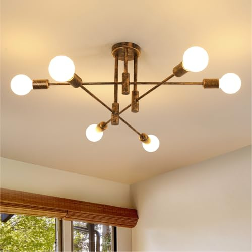 Comely Lamparas de Techo Industrial, E27 Lámpara Araña Techo Vintage con Ángulo Ajustable 180°, Plafon Sputnik de Metal 6 Luces para Salon Dormitorio Cocina Pasillo, Bronce, Diá 72 cm